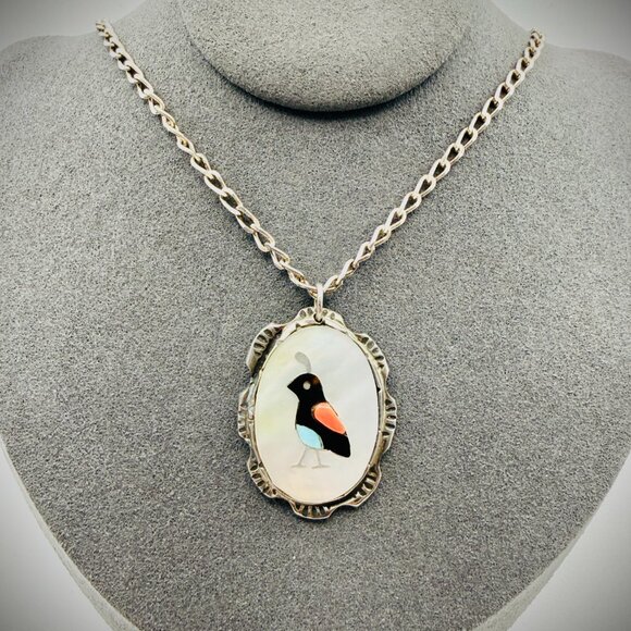 Sterling Zuni Inlay Quail Pendant Necklace MOP Turquoise Coral "RQ" - Picture 3 of 4